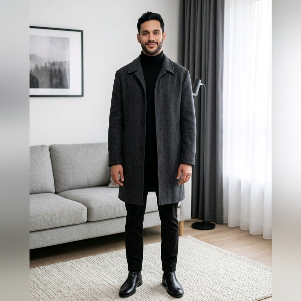 London Fog Wool Blend Top Coat Charcoal Gray 44R Hidden Buttons Lined Excellent